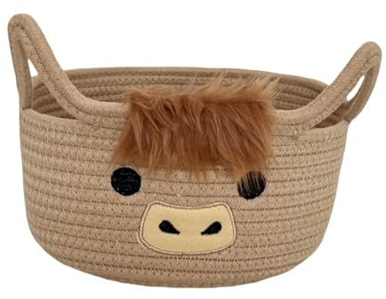 Generisch Süßer Highland-Kuh Aufbewahrungskorb aus Baumwollseil, Niedlicher Babyzimmer Korb mit Ohren-Griffen für Spielzeug & Babydecken, Boho Farm-Tier Deko & Bad-Organizer, BabyGeschenk Idee