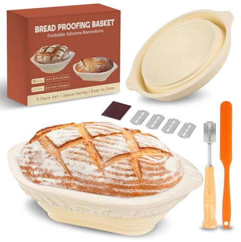 Banetones para Pan, Kit de Masa Madre con 2 Cestas de Fermentación de Silicona Plegables (Redonda y Ovalada), Forros de Tela, Cuchillo Panadero + 5 Cuchillas, Raspador y Guía de 8 Días