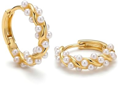 Creolen Ohrringe Gold Damen 925 Sterling Silber mit Perle, Vergoldete Perlenohrringe Hängend, Elegante Perlencreolen Hängeohrringe Schmuck für Sie Ohrringe Mädchen Geschenk