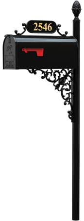 ADDRESSES OF DISTINCTION Oak Mailbox & Post Kit – Black Mailbox System – Includes Address Plaque, Bracket & Mounting Hardware – Rust Resistant Metal Mailbox with Decorative Finial