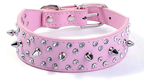 haoyueer Spiked dubbat hundhalsband snyggt läder hundhalsband med kulnitar och strass, mjukt och justerbart för medelstora och stora hundar (M, rosa)
