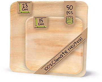 BIOZOYG vaisselle en feuilles de palmier de haute qualité assiette jetable I 23x23cm et 15x15cm chacun 25 pièces I vaisselle chic jetable carré I assiette en feuilles de palmier 50 pièces