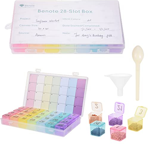 benote Diamond Art Painting Storage Containers, 28 Grids, Bead Storage Containers with Project Card/Label Stickers, Funnel Spoon Diamond Art Separate Containers, Bead Box