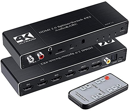 4x2 HDMI Switcher Splitter,4x2 HDMI 2.0 Audio & commutateur Arc Répartiteur de Commutation HDMI 4 en 2 Sorties avec Port Optique coaxial 3,5 mm L/R avec télécommande IR