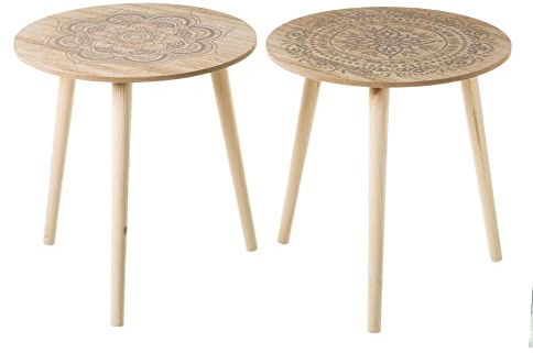 LOLAhome Set de 2 mesas auxiliares con Mandala de Madera Gris y Natural de Ø 40x42 cm