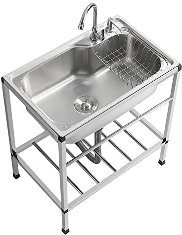 Lavello in Acciaio Inox Professionale 1 Vasca, Lavandino Commerciale con Rubinetto, Lavello da Cucina Autoportante per Cucina, Ristorante, Caffè, Garage, Interno, Esterno