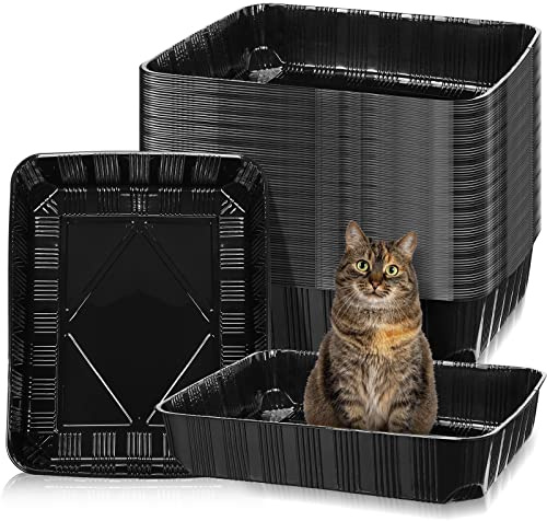 Zubebe 50 Pack Disposable Cat Litter Box for Cats, Large Disposable Kitty Litter Tray Boxes 19.69 x 15.75 x 3.94 Inches Plastic Pets Pan Standard for Indoor Home Travel Portable(Black)