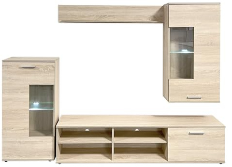 Somnia Descanso - Mueble de Salón Moderno con Leds, Módulos de Comedor, Modelo Olaf, Acabado en Cambria, Medidas: 229 cm (Ancho) x 200 cm (Alto) 38 cm (Fondo)