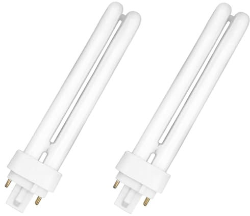 Tradineur - Confezione da 2 lampadine a risparmio energetico, 2 pin e 2 tubi, G24D-3, 26 W equivalente a 130 W, 1350 lumen, 6400 K, luce bianca fredda, efficienza energetica A+, 8000 ore - 15,5 x 2,5