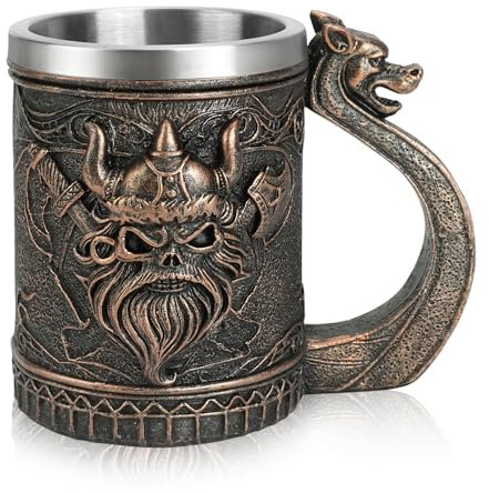 JUMRHFAN Viking Tankard 600 Ml Beer Mug with Handles Stainless Steel Mug Viking Gifts for Men Suitable for Party,Birthday, Father‘Day and Festivals (Style-2)
