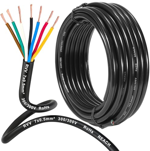 D-TECH Cable de vehículo 7 núcleos 15M, Cable Redondo de 7 Hilos para Remolque, 5V-80V Cable Luces Remolque 7 Pines, Cable de Enchufe de remolque0,5mm²