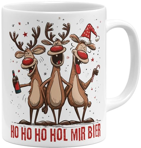 OM3® lustige Weihnachts Kaffee-Tasse mit Spruch - Ho Ho Ho Hol mir Bier - betrunkene Rentiere Christmas - Keramik Becher - 325ml - Beidseitig Bedruckt - Weiss