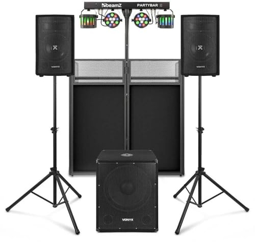 Vonyx Komplettes DJ Setup – 800W DJ Set mit Aktivlautsprechern, Subwoofer, Partybar & DJ Booth | Bluetooth Soundanlage mit Lichteffekt & Stehpult Tisch – Komplettpaket für DJs, Events & Partys