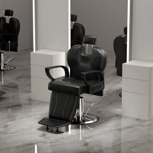 Joiemebi Poltrona da Parrucchiere, Sedia da Parrucchiere Idraulica Reclinabile Barber 360° per Saloni di Parrucchieri, Saloni di Bellezza, 63 x 54 x 92-105 cm, Nero