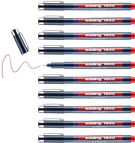 edding 1800 Präzisionsfeinschreiber - rot - 10 Stifte - Linienbreite 0,25 mm - Fineliner zum präzisen Schreiben und Skizzieren - feine, metallgefasste Spitze - Lineal- und schablonengeeignet