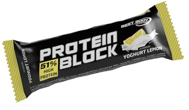 Best Body Nutrition Protein Block Bar Low Carb Proteinriegel mit 51% Eiweiß - High Protein Eiweißriegel ohne Zucker – ohne Aspartam - 90g Yoghurt Lemon mit weißer Schokolade | Eiweißriegel mit Vollmilchschokoladenüberzug, ohne Zuckerzusatz, aspartamfrei, einzeln verpackt, Geschmack Yoghurt Lemon