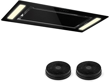 Klarstein Campana Extractora Empotrable, Bajo Consumo, 230W, Extracción 620m³/h, 90cm Ancho, Campanas Extractoras Cocina con Extracción de Humos para Techo, 2 filtros carbóno activo, Negro Matálico