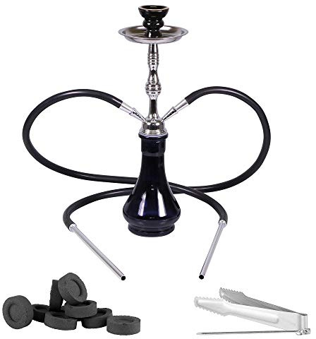 Mianova Orientalische 2 Schläuche Wasserpfeife Hookah Shisha 2er Set Nargile 48cm Hoch mit Zubehör Zange Rolle Kohle Mundstücke Schwarz