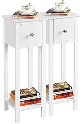 Yaheetech White Slim Bedside Table Set of 2, Narrow Wooden Nightstand with Drawer & Shelf, Tall Telephone Sidetable for Bedroom Living Room Hallway, 25x25x70cm