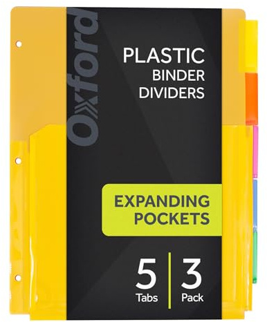 Oxford expanderande plastpärmavdelare, avdelare för 3 ringpärmar, flexibla främre expanderande fickor, 8 flikar, införbara flerfärgade flikar, brevstorlek, 3 set (89605)