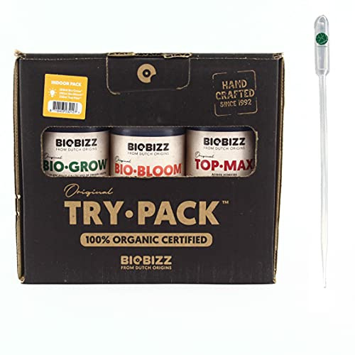 IVORYS-GARDEN BioBizz Trypack Indoor 3 x 250 ml + Pipette Pflanzendünger NPK Flüssigdünger Starter Pack Set Grow Bloom Top Max Booster Blumendünger Erde light mix All mix organisch Komplettset