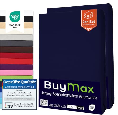 Buymax® Sábana Bajera Ajustable Cuna 60x120 cm – Pack de 2, 100% Algodón Jersey, Bolsillo Profundo 15 cm con Goma Elástica, Azul Marino