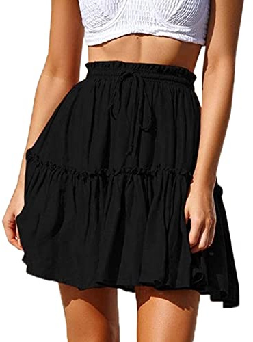 Hoerev Womens Girls Floral Flared Short Skirt Cute High Waist Ruffle Skirt Beach Mini Skirt,Large,Black