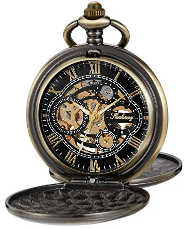 Tiong Mechanical Pocket Watch Hand Wind Steampunk Hunter Double Pocket Watch Engraved Roman Numerals for Men with Gift Box