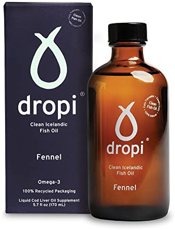 Dropi Omega 3 Fish Oil Liquid, Fennel - Maximum Strength Omega-3s EPA, DHA, Vitamin A & D - Extra Virgin Cod Liver Oil Food Supplement for Immune System, Brain Health & Joint Support - 170ml