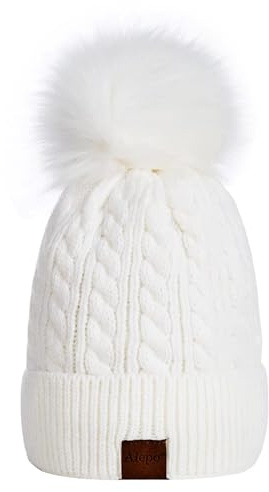 Alepo Damen Mütze Winter Warme Mit Bommel - Beanie Mit Fleece Gefütterte Weiche Skimanschettenmütze (Weiß)