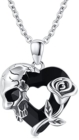 ECHOOY Collier Tête de Mort en Argent Sterling Rose, Collier Pendentif Coeur Gothique en Cristal Noir Autrichien, Collier Halloween Bijoux Cadeau pour Femme Homme