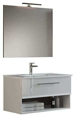 Mama Store GEA2 80 - Mobile Bagno Sospeso 80 CM Cassetto e Vano a Giorno Bianco Lucido Laccato con Lavabo, Specchio e Lampada LED, L.81 X P.45 X H.46 cm
