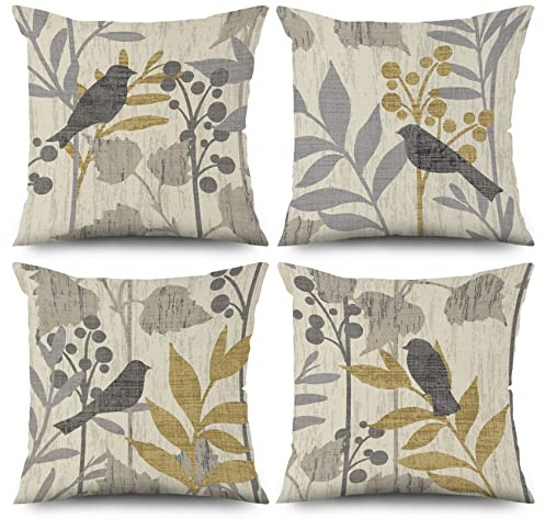 ASDCXZ Frühling Kissenbezug 40x40 cm 4er Set, Retro Blume Blätter Vogel Grau Sofa Kissen Dekokissen Kissenbezüge Kissenhülle Waschbar Polyester Flachs Textil Outdoor Kopfkissenbezug Kissen Bezug