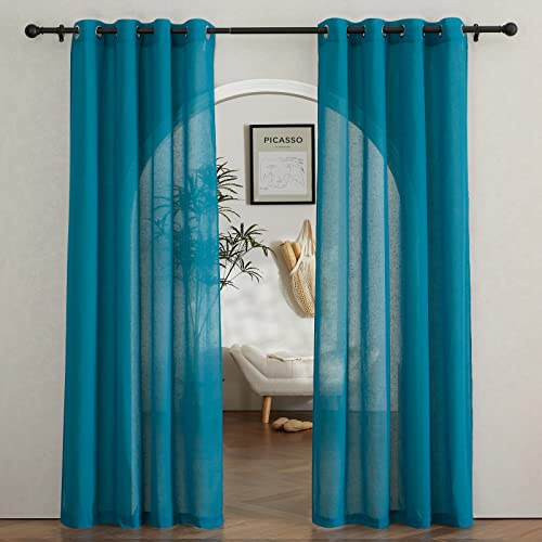 PONY DANCE Leinenoptik Vorhänge Wohnzimmer Ösen Gardinen Halbtransparent | 2er Set, H245 x B140 cm, Türkis, Luftig, Lichtdurchlässig, Sichtschutz, Vintage, für Schlafzimmer Kinderzimmer Esszimmer