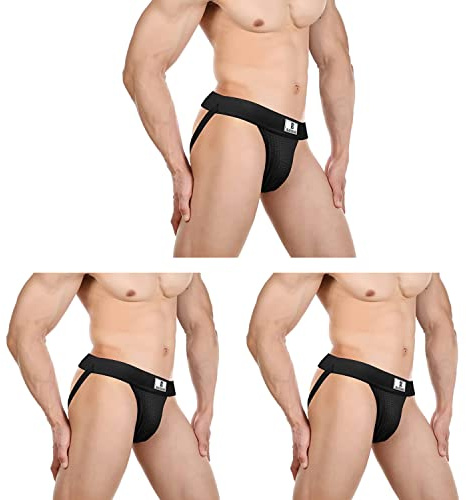 JOCKLAND Men's Jock Strap, Wide Band Mesh Male Underwear Jockstrap Athletic Supporter for Gym Vasectomy, Black+black+black, XL