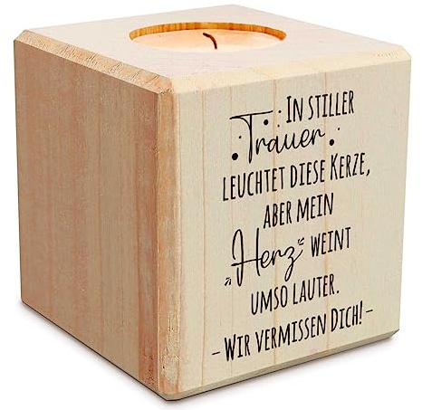 GRAVURZEILE Trauerlicht - In Stiller Trauer - Teelichthalter mit Gravur aus Holz - Grabschmuck - Trauergeschenk - Gedenklicht - Erinnerungslicht - Kerze zur Trauerbewältung - Holzwürfel
