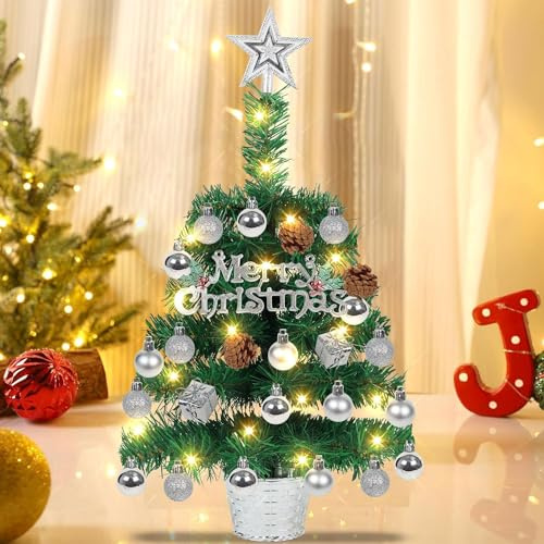 Mini Weihnachtsbaum Illuminated mit Schnee 50cm Tabletop Künstliche Weihnachtskiefer Baum & Beleuchtung & Weihnachtsball für Weihnachten, Schule, Zuhause, Esstisch Dekor (Alles in einem Set)