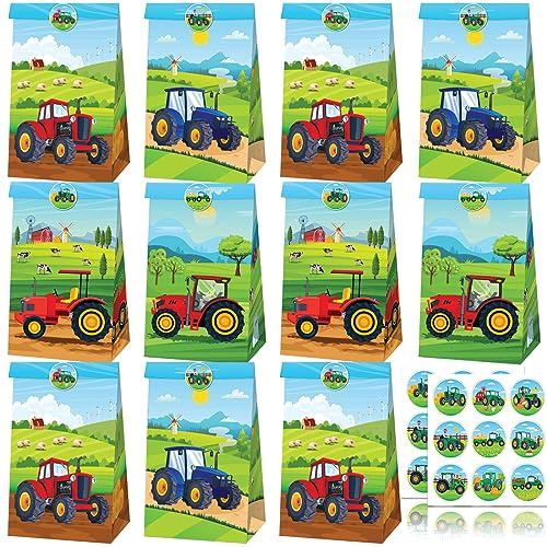 MEZHEN Traktor Geschenktüten Kindergeburtstag Mitgebsel Partytüten Traktor Candy Tüten mit 18 Aufklebern Traktor Geschenktüte Papier Tüten Tractor Geburtstage Deko 12 Stück