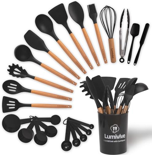 Lumivive Kitchen Utensils Set– Food-Grade Silicone -Elevate Culinary Experience w 24-Piece Premium Cooking Utensils Set-Hanging Loops for Storage Silicone Kitchen Utensils Set(Avoid Abrasive for Wash)