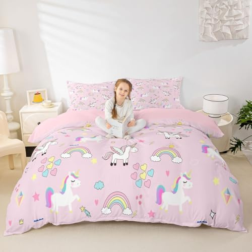 Girls Unicorn Duvet Cover Full for Kids Toddler, Cute Pink Unicorn Comforter Cover Cartoon Unicorn Bedding Set Kawaii Horse Bedspread Cover Kids Room Decor Lightweight Quilt Cover (No Comforter)