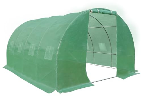 HATTORO Gewächshaus Foliengewächshaus 4x3x2m Folientunnel tomatengewächshaus wintergewächshaus Stahlfundament Gitternetzfolie gewächshausfolie gitterfolie PE-Gewebe 170g/m² 8 Fenster Rolltür