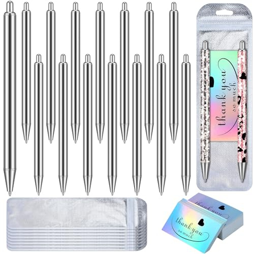 Qilery 15 Set Stainless Steel Resin Blank Epoxy Pens for UV Dtf Wraps Sublimation Pen Gifts Resealable Pouch Bag and Holographic Thank You Cards Set for DIY Glitter Craft