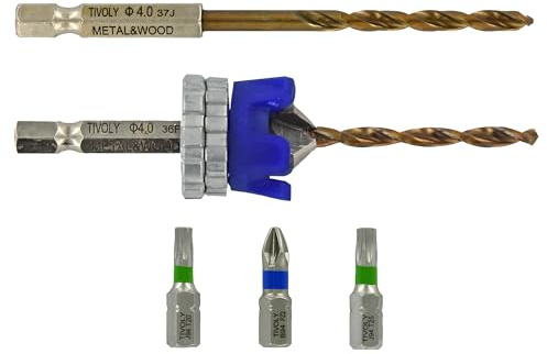 Tivoly • Kit Terrasse • Foret Ø4mm avec Fraisoir • Mèche & Fraise 2 en 1 Bois-Métal • 3 Embouts de Vissage INOX • Foret de Rechange Fourni • Butée de Profondeur Réglagle