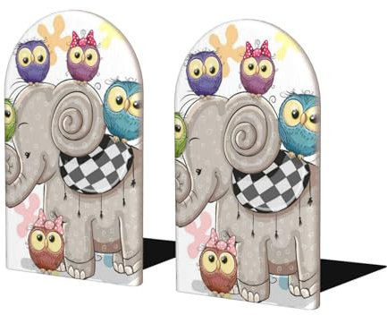 Buchstützen aus Holz mit Cartoon-Elefanten und Eulen, Blumenmuster, 2 Stück