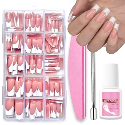 Fake Nails With Glue - 240pcs Long Press On Nails French Tip - 15 Size Nude Pink Coffin False Nails Kit - Full Cover Stick On Nails - Acrylic Nail Tips And Glue for French Manicure