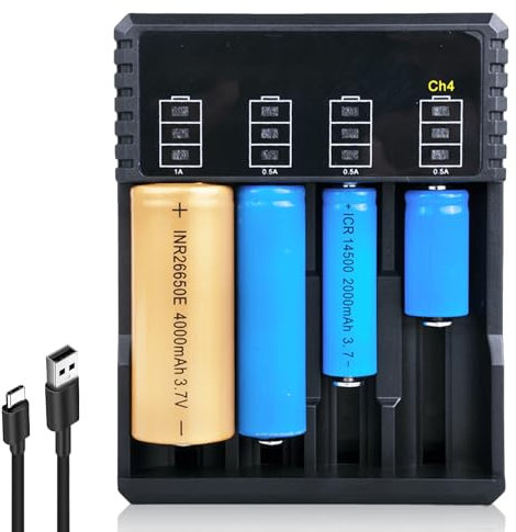 Vaileal : Chargeur universel à 4 compartiments avec affichage LED, chargeur 18650, 18350, 21700, 16340, 26650, AA, 3,7 V Li-Ion, USB rapide