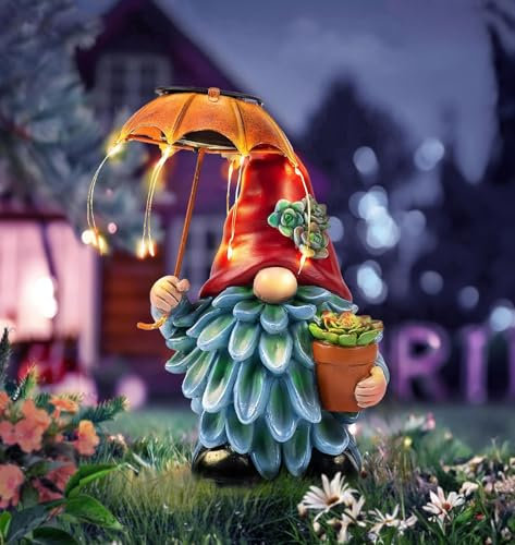Teaeeno Statue de nain de jardin, nain de cour avec parapluie solaire à LED, décoration de pelouse, sculpture naine pour extérieur, patio, porche, pelouse, statue de nain imperméable avec lampes