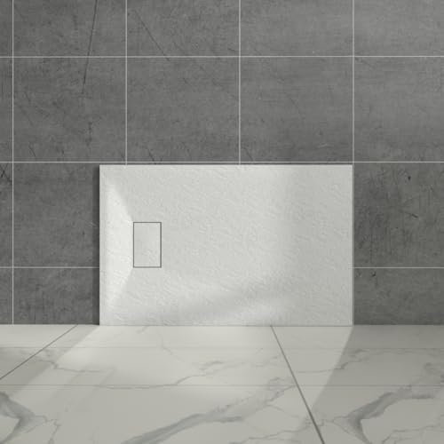 Aquariss White Rectangular Shower Tray Slate Effect SMC Slip-Resistant Shower Base for Bathroom Enclosures 1100x700mm with Waste