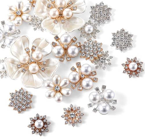 20PCS Pearl Flower Buttons, Vintage Pearl Embellishments Faux Pearl Flower Brooch Rhinestone Pearl Buttons Wedding Jewelry Brooch Charms for Women Jewelry Making DIY Clothes Craft Bag Shoes Decoration