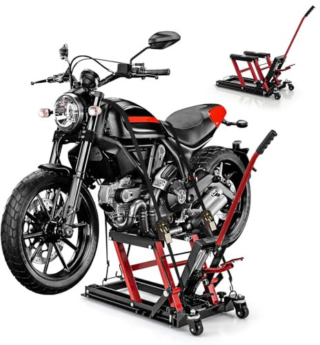 GOPLUS hydraulisk motorcykellyft, 680 kg lastkapacitet, ATV-motorcykellyft med långt handtag, 4 hjul, lyftområde 12 till 38,5 cm, motorcykellyft för motorcyklar, ATV, fyrhjulingar (röd)